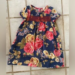 Mini Boden Navy Floral Smocked A-line Dress with Puff Sleeves